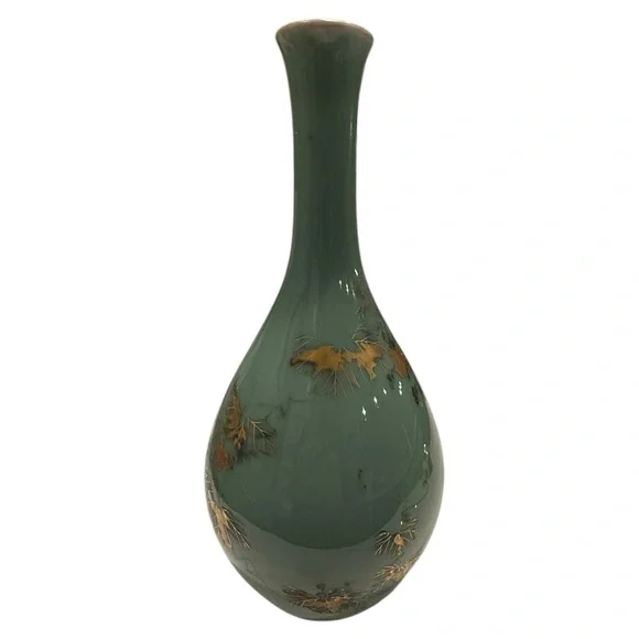 .Asian Turquoise Gilt Decorated Crane Neck Porcelain Glazed Large Vase #1